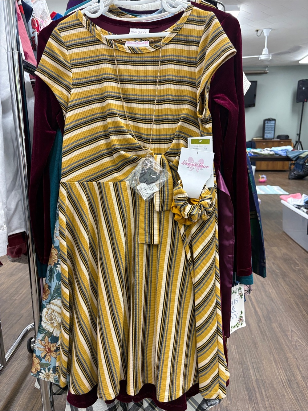 Striped Mustard Tie-Waist Dress with Scrunchie
